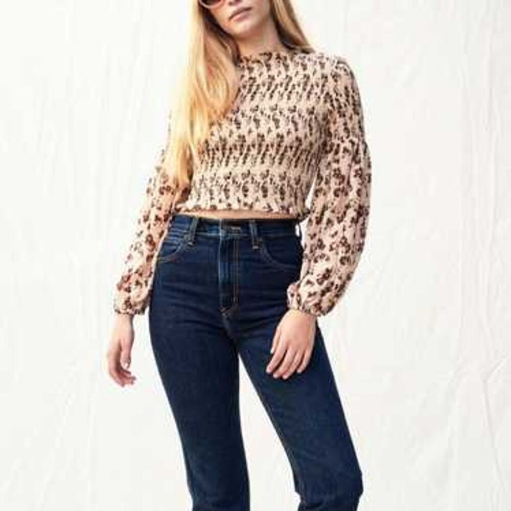 Grade & Gather Cream‎ Floral Smocked Ruffle Long Balloon Sleeve Blouse Women L